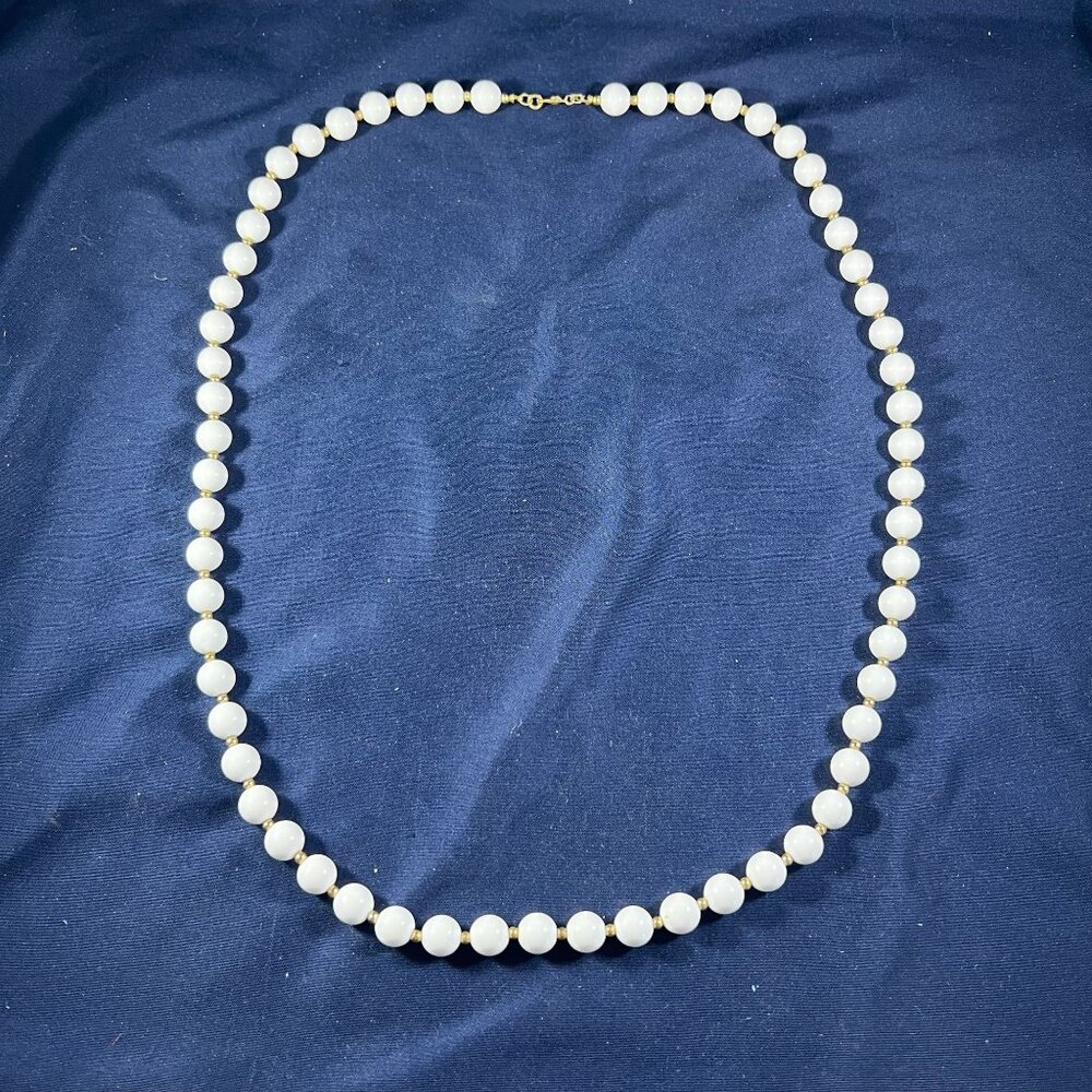 Vintage Monet 30" White Beaded Necklace With Gold-Tone Clasp